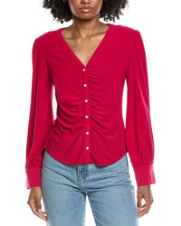 Cece V-Neck Button Down Shirred Blouse