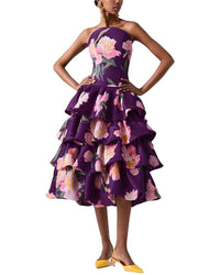 Carolina Herrera Strapless Curved Neckline Ruffled Silk Dress Purple