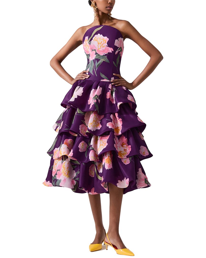 Carolina Herrera Strapless Curved Neckline Ruffled Silk Dress Purple