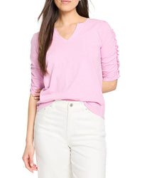 NIC+ZOE Nic+Zoe Ruched Elbow Sleeve Split Neck T-Shirt