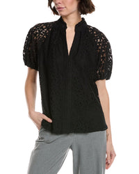 Cece Ruffle Neck Raglan Seam Split Neck Blouse