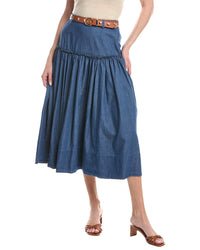 CeCe Cece Belted Denim Midi Circle Skirt