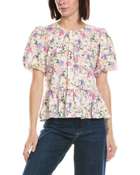 Cece Puff Shirred Sleeve Crewneck Linen-Blend Peplum Blouse