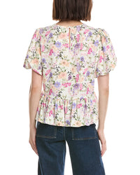 Cece Puff Shirred Sleeve Crewneck Linen-Blend Peplum Blouse