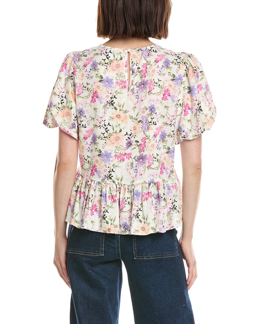 Cece Puff Shirred Sleeve Crewneck Linen-Blend Peplum Blouse