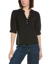 Cece Elbow Puff Sleeve Mixed Media Top