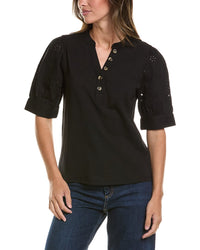 CeCe Cece Elbow Puff Sleeve Mixed Media Top