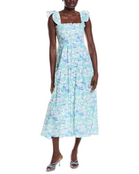 Sail To Sable Flutter Strap Smocked Linen-Blend Midi Dress