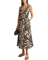 Reiss Reiss Akari Ruched Mono Print Linen-Blend Midi Dress
