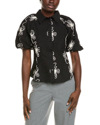Gracia Flower Stitch Puff Sleeve Shirt