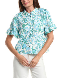 CeCe Cece Ruff Cuff Cropped Button Down Linen-Blend Shirt