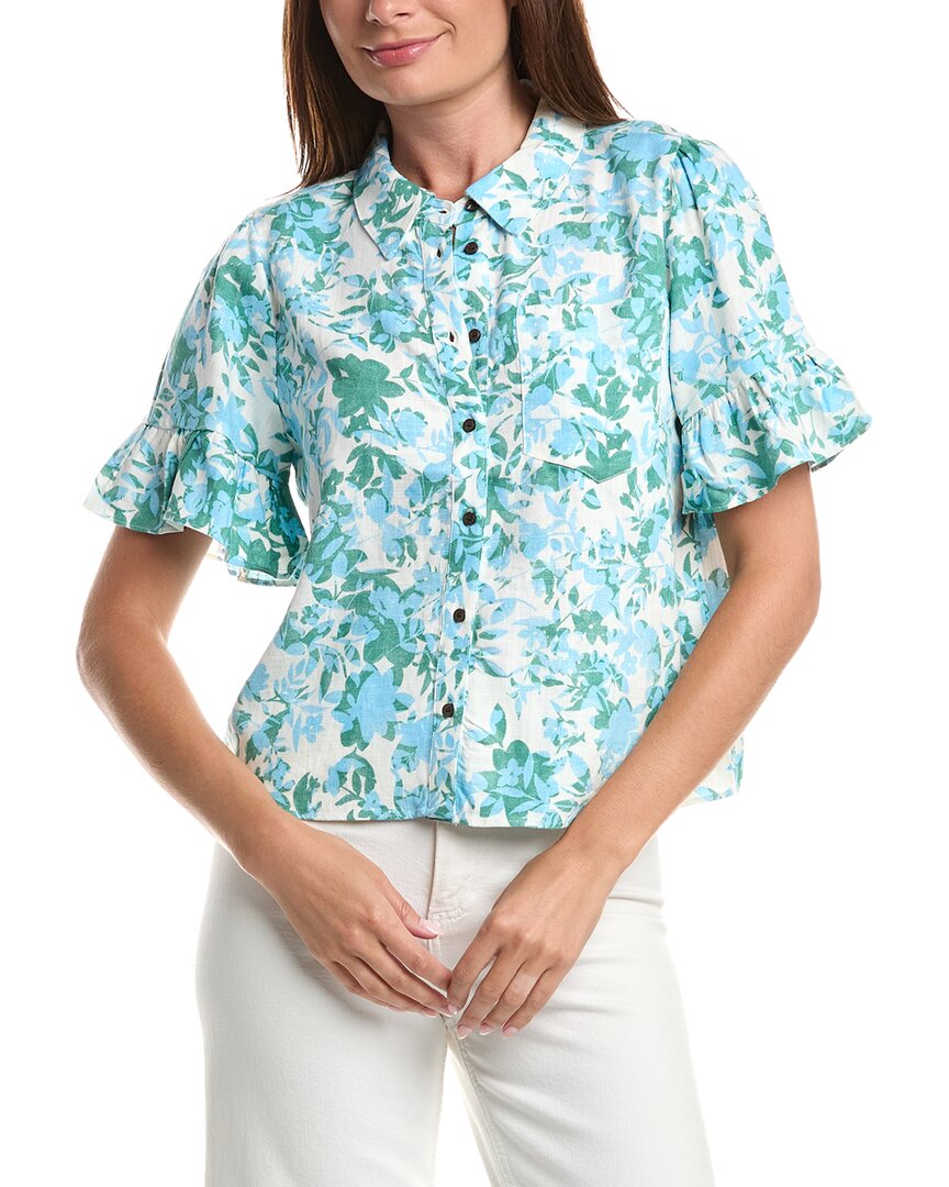 CeCe Cece Ruff Cuff Cropped Button Down Linen-Blend Shirt