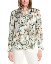 Anne Klein V-Neck Satin Pleat Front Blouse