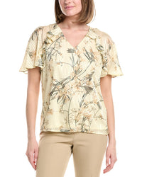 Anne Klein Ruffle V-Neck Printed Chiffon Blouse