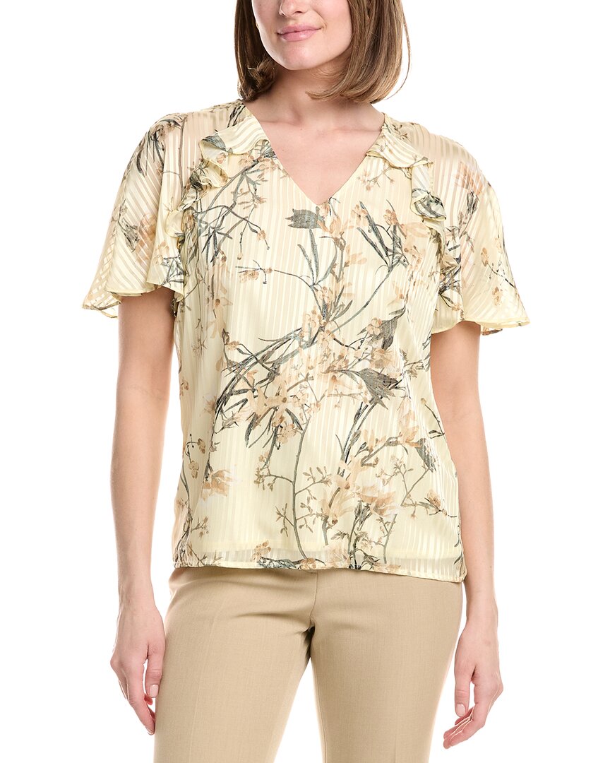 Anne Klein Ruffle V-Neck Printed Chiffon Blouse