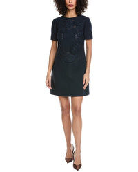 Oscar De La Renta Floral Detail Tweed Silk-Lined Wool-Blend Shift Dress