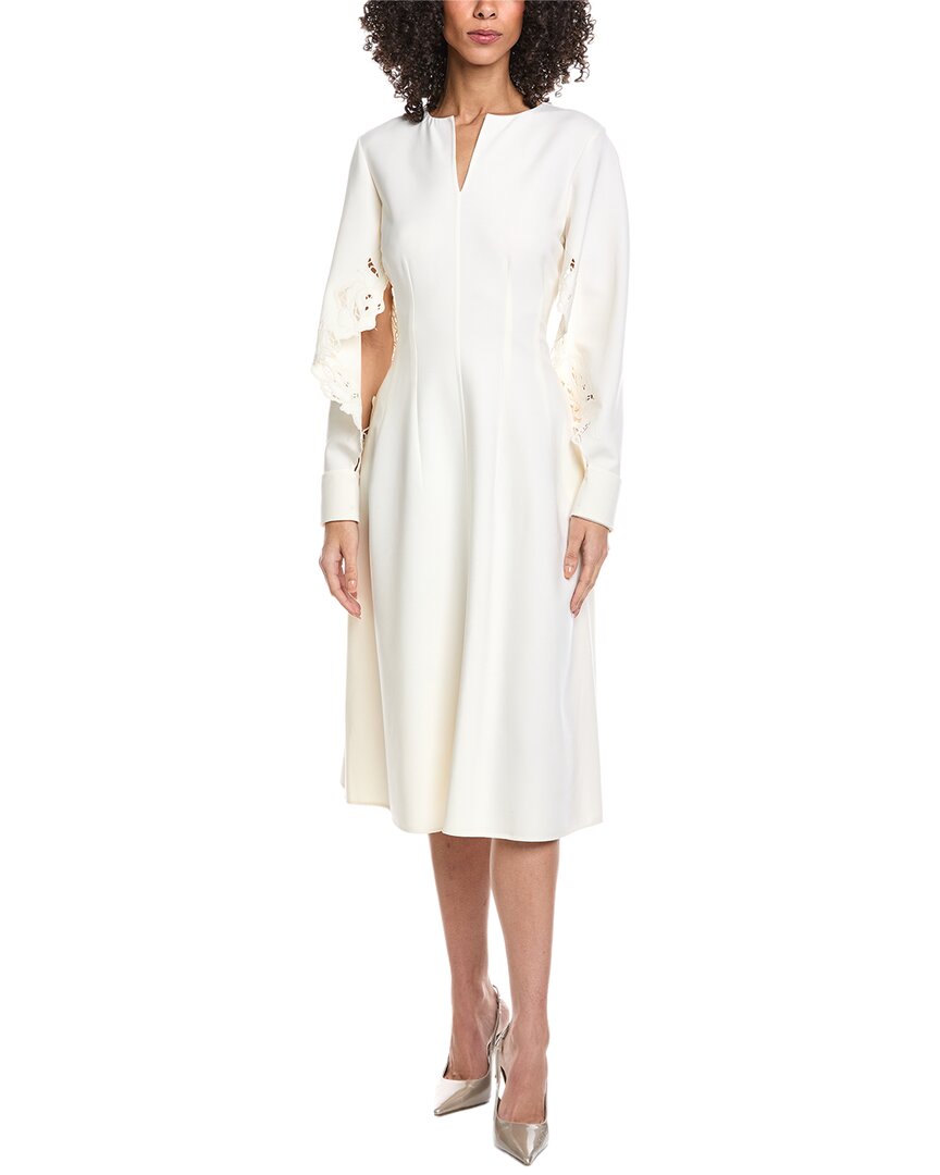 Oscar De La Renta Floral Detail Silk-Lined Wool-Blend Midi Dress