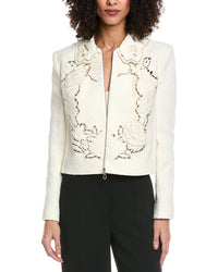 Oscar De La Renta Floral Detail Tweed Silk-Lined Wool-Blend Jacket