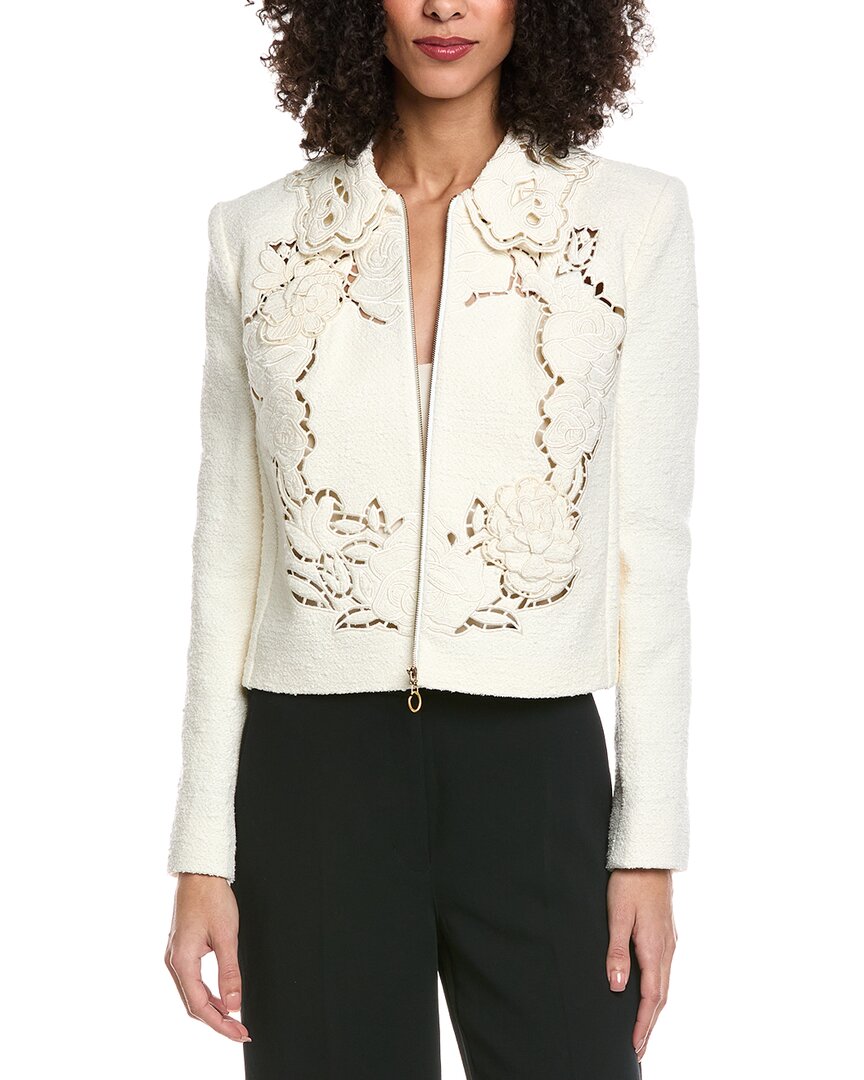 Oscar De La Renta Floral Detail Tweed Silk-Lined Wool-Blend Jacket