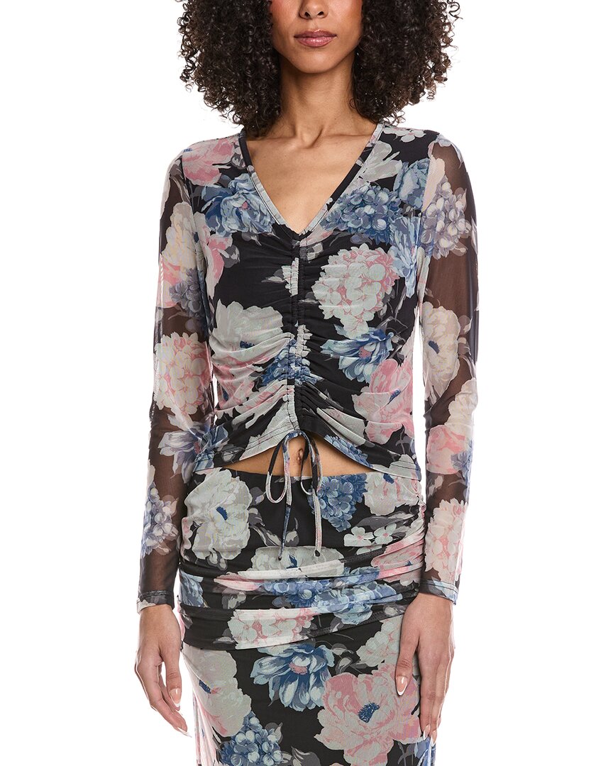 Laundry By Shelli Segal Bouquet Printed Ruched Mesh Top