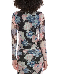Laundry By Shelli Segal Bouquet Printed Ruched Mesh Top