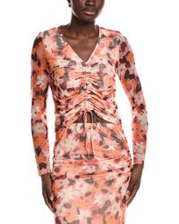 Laundry By Shelli Segal Floral Printed Ruched Mesh Top