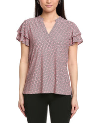 Jones New York Printed Stand Collar Top