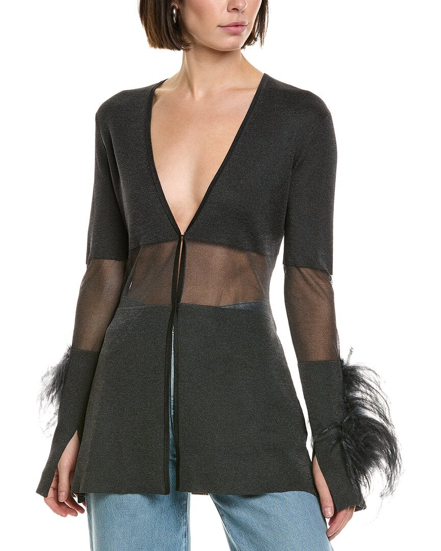 Lapointe Sheer Intarsia Ostrich-Trim Top