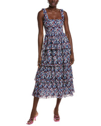 Ganni Pleated Georgette Flounce Smock Midi Dress