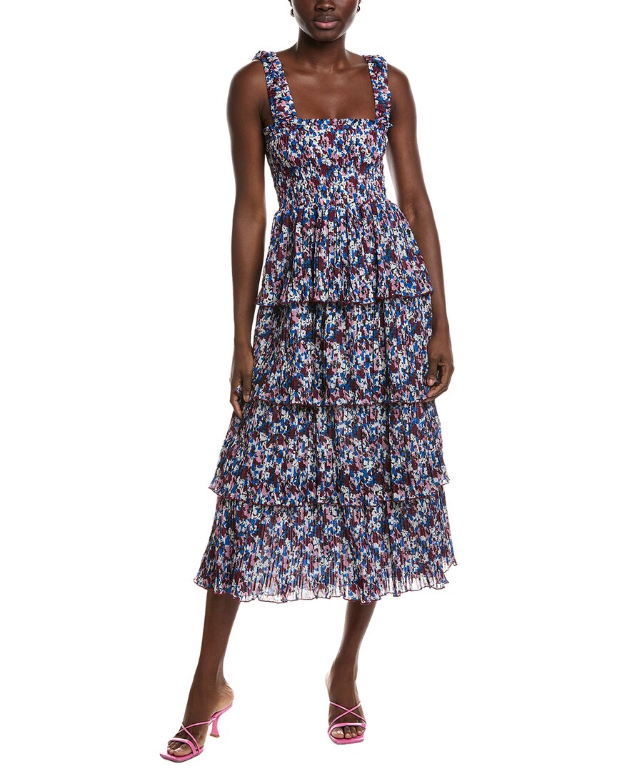 Ganni Pleated Georgette Flounce Smock Midi Dress