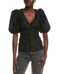 Ganni Jacquard Organza Gathered V-Neck Blouse