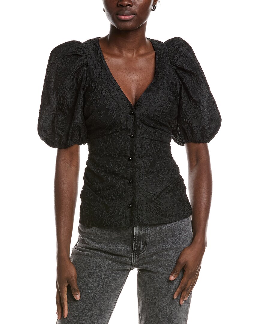 Ganni Jacquard Organza Gathered V-Neck Blouse