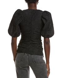 Ganni Jacquard Organza Gathered V-Neck Blouse