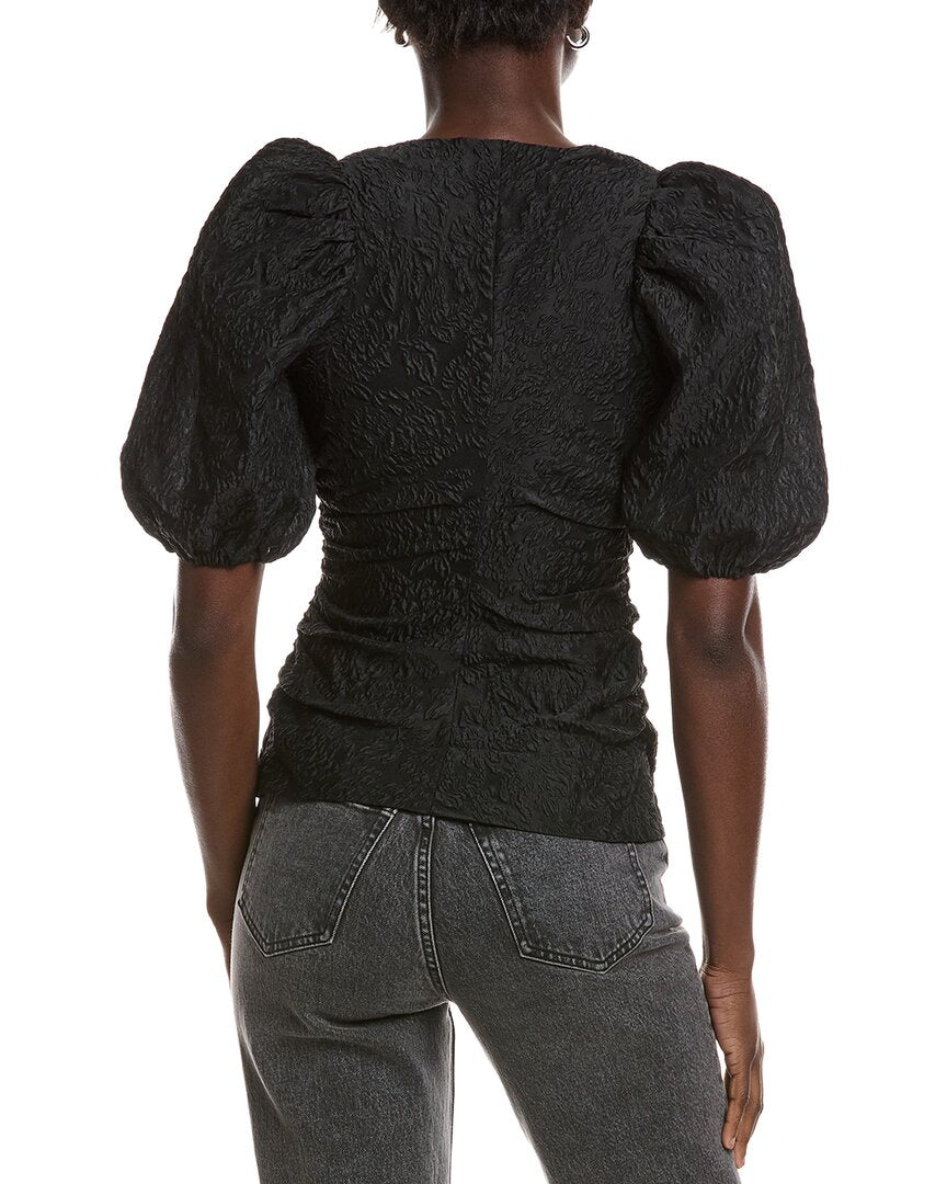 Ganni Jacquard Organza Gathered V-Neck Blouse