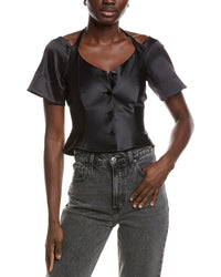 Ganni Double Satin Fitted Open-Neck Blouse