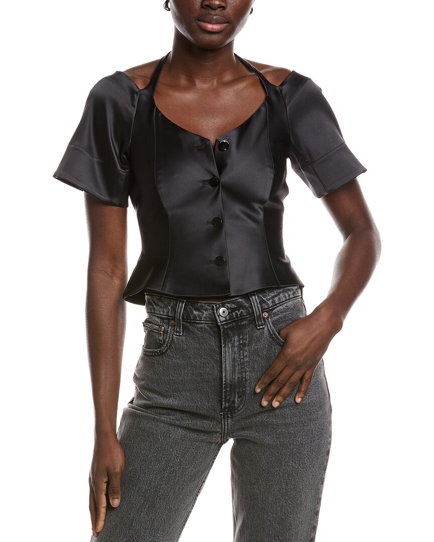 Ganni Double Satin Fitted Open-Neck Blouse