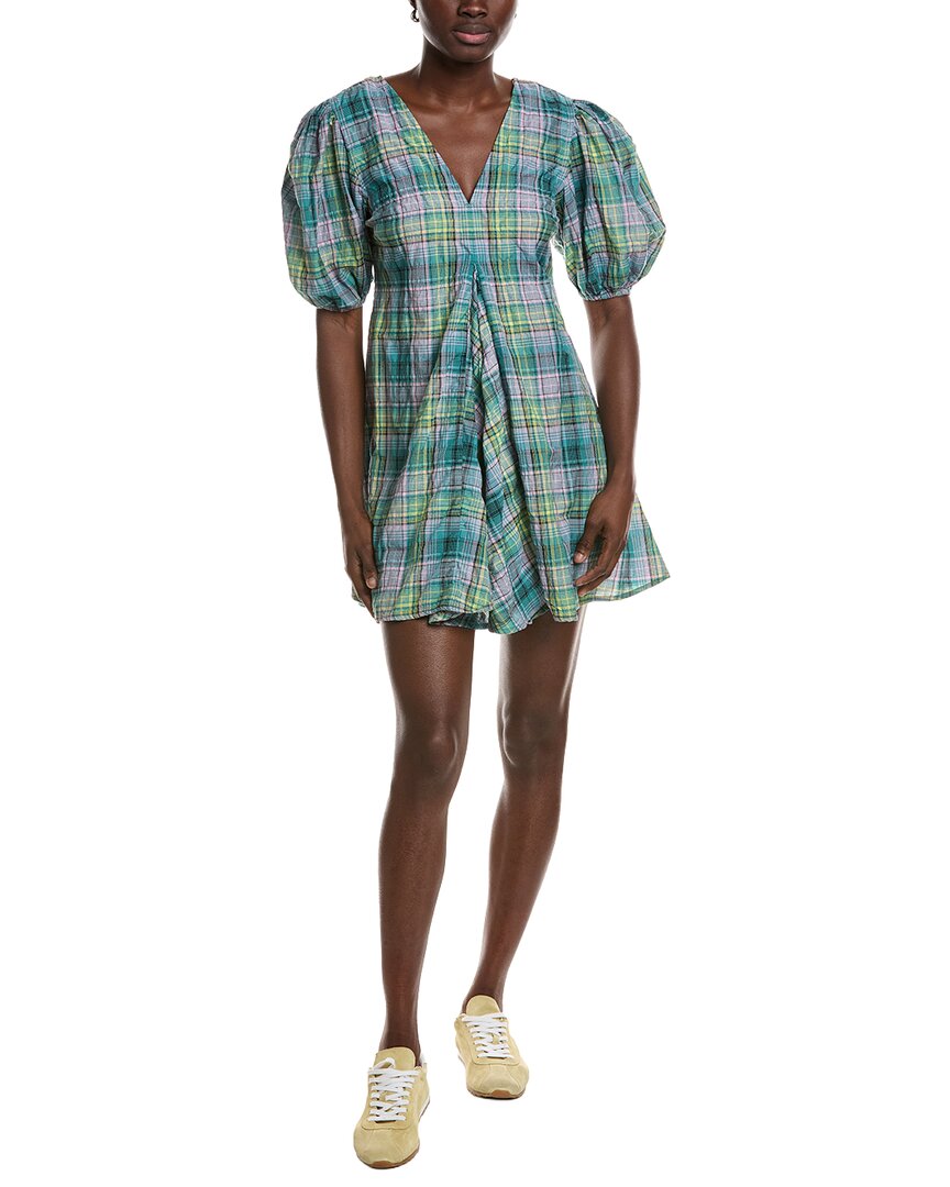 Ganni Seersucker Check V-Neck Mini Dress