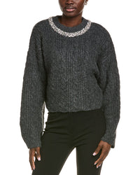 Endless Rose Jewel Embroidered Fuzzy Cable Chunky Wool-Blend Sweater