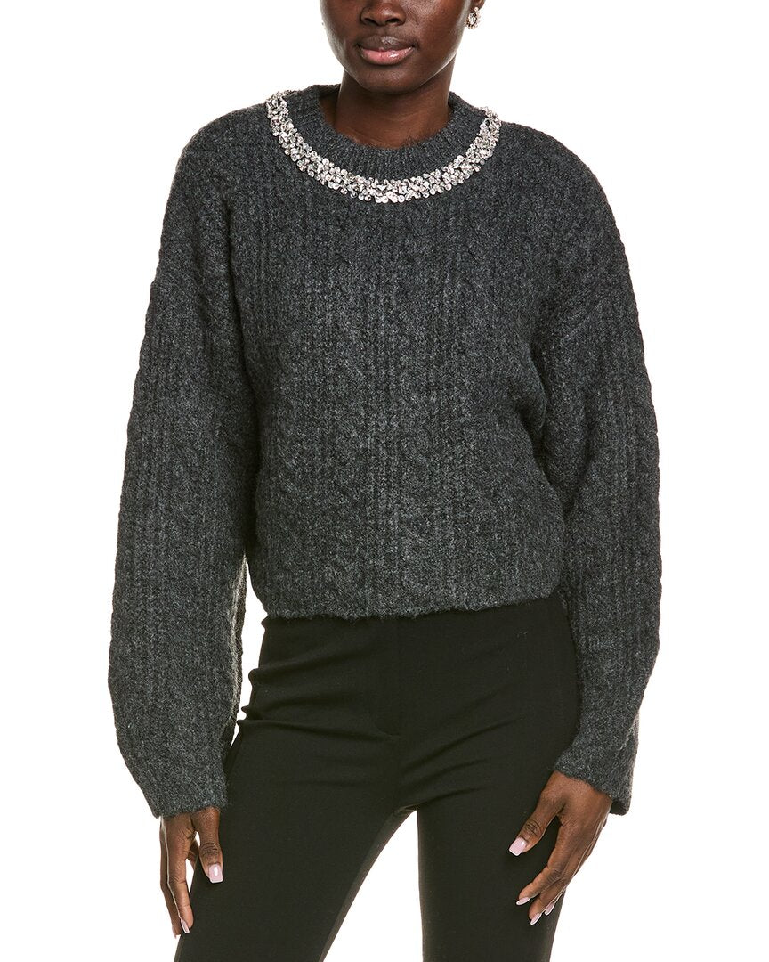 Endless Rose Jewel Embroidered Fuzzy Cable Chunky Wool-Blend Sweater