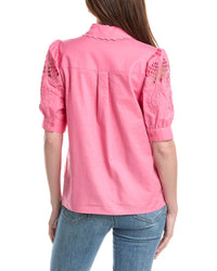 T Tahari T Tahari Embroidered Sleeve Linen-Blend Blouse