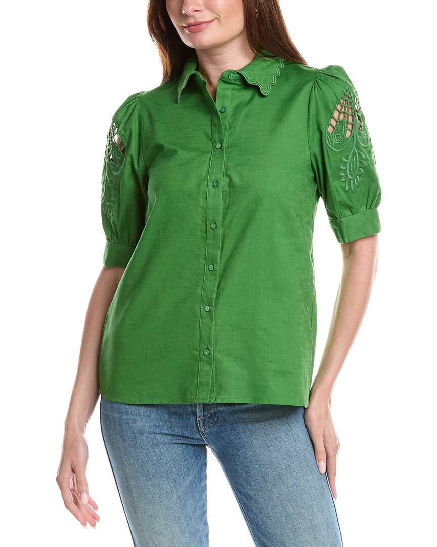 T Tahari T Tahari Embroidered Sleeve Linen-Blend Blouse