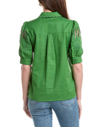 T Tahari T Tahari Embroidered Sleeve Linen-Blend Blouse