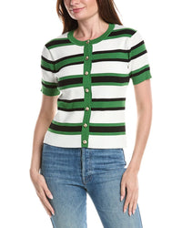 T Tahari T Tahari Pointelle Rib Striped Button Front Top