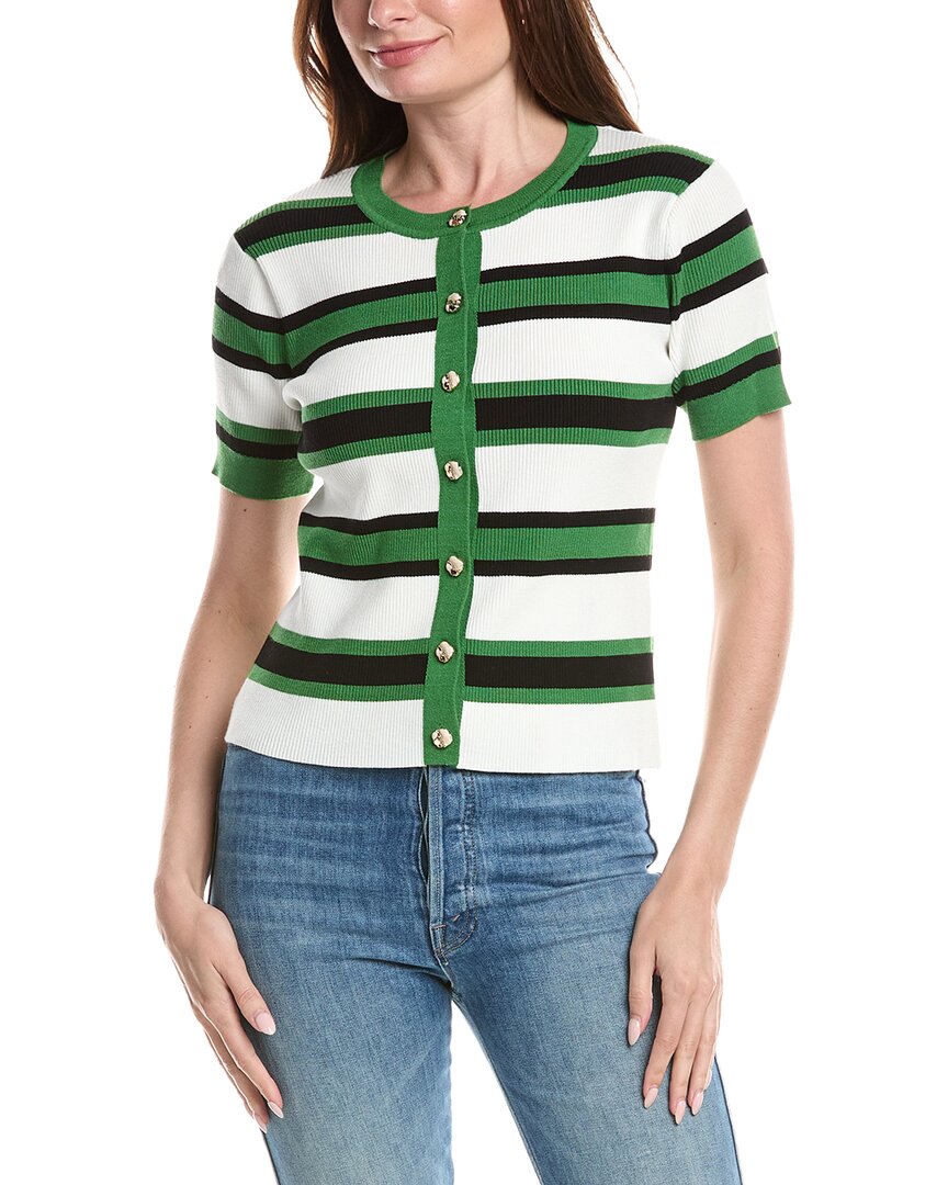 T Tahari T Tahari Pointelle Rib Striped Button Front Top