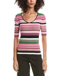 T Tahari T Tahari Elbow Sleeve Variegated Rib V-Neck Pullover