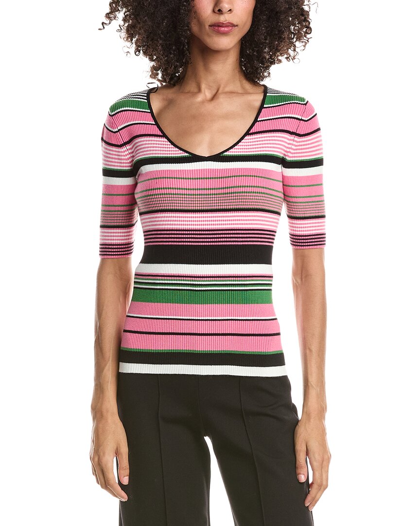 T Tahari T Tahari Elbow Sleeve Variegated Rib V-Neck Pullover