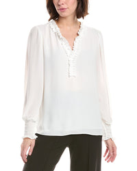 T Tahari Split Neck Ruffle Trim Blouse