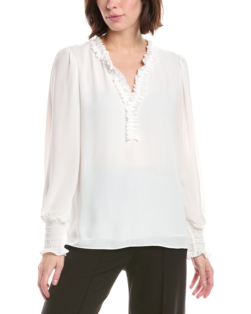 T Tahari Split Neck Ruffle Trim Blouse