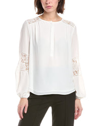 T Tahari Half Placket Lace Trim Blouse