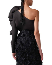 Carolina Herrera One Shoulder Flower Sleeve Silk Top